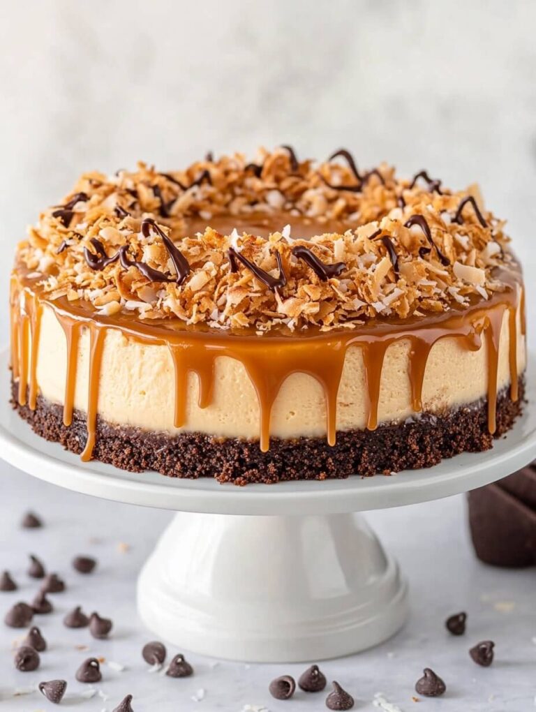 whole samoa cheesecake with caramel and toasted coconut topping