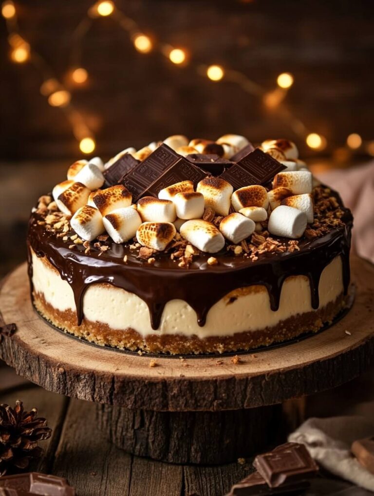 whole s'mores cheesecake with chocolate drip and marshmallows