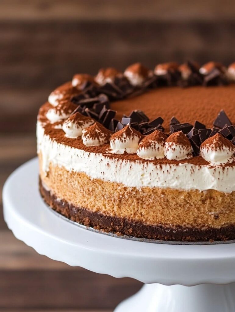 whole tiramisu cheesecake with cocoa dusting and cream swirls