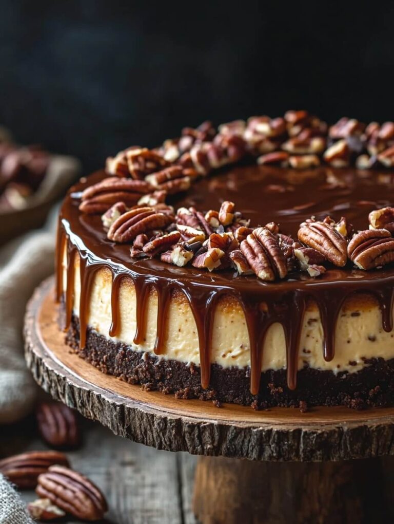 whole turtle cheesecake with chocolate drip and pecans