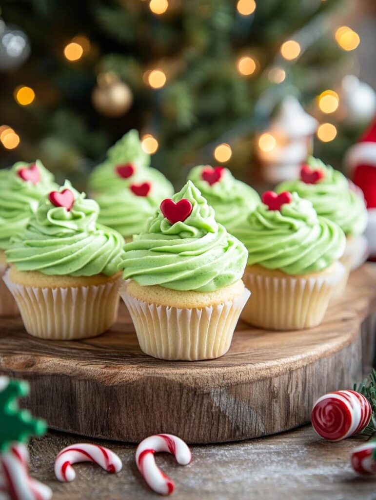 A batch of Grinch cupcakes arranged on a wooden board