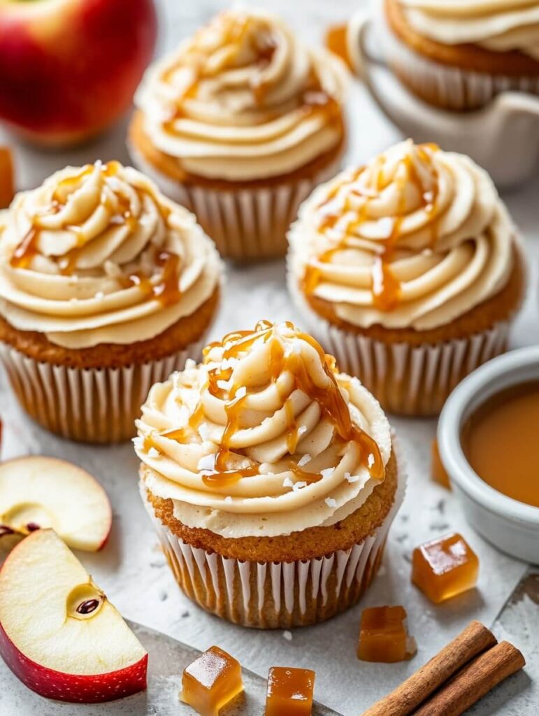 A batch of apple pie cupcakes with caramel drizzle and sea salt flakes