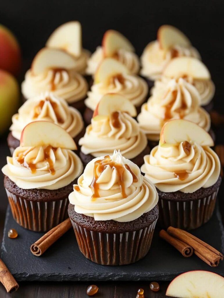 A dozen caramel apple cupcakes arranged beautifully