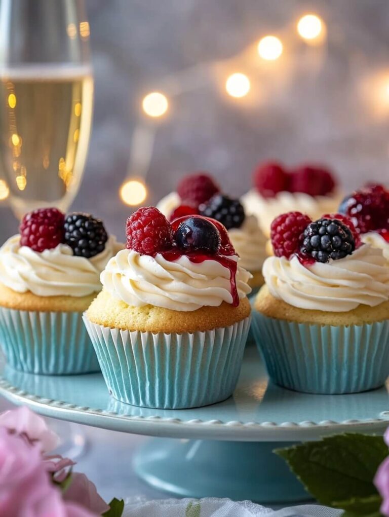 A luxurious display of berries and cream cupcakes with raspberry drizzle