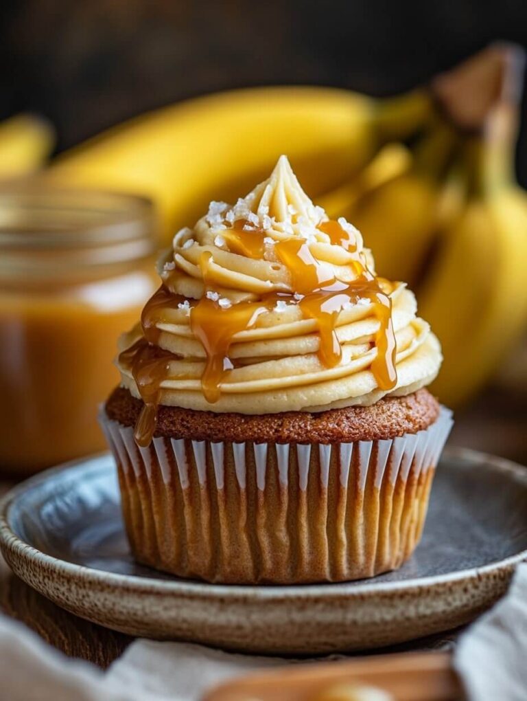 A rustic banana caramel cupcake with sea salt