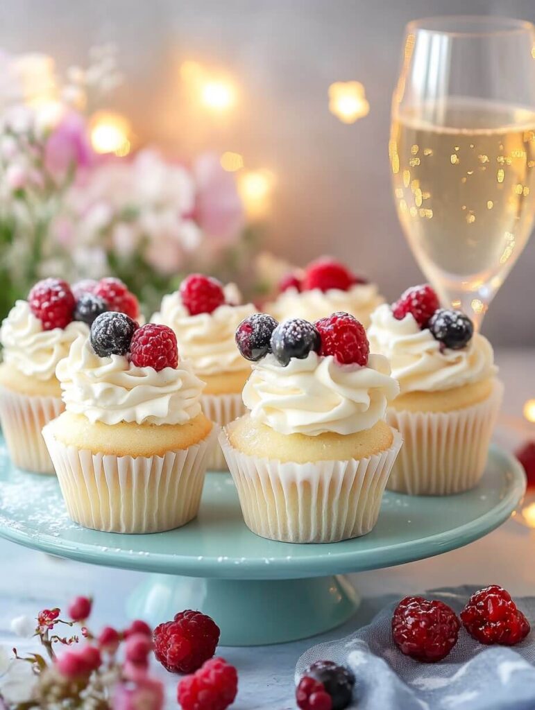 A set of beautifully arranged berries and cream cupcakes on a pastel cake stand