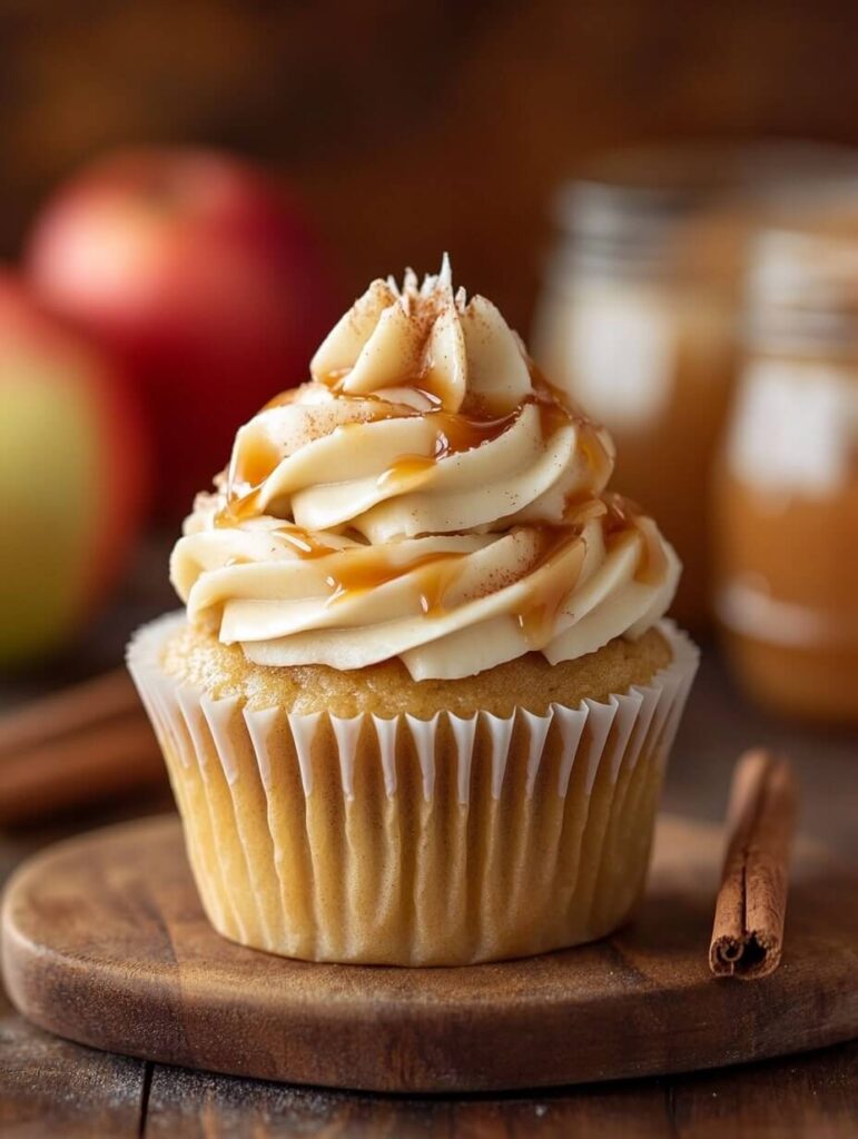 A single apple pie cupcake with caramel drizzle on a rustic wooden board