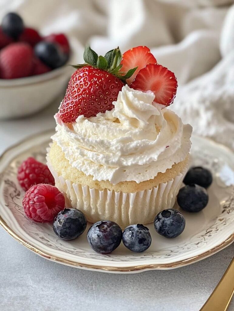 A single berries and cream cupcake with fresh fruit on a vintage plate