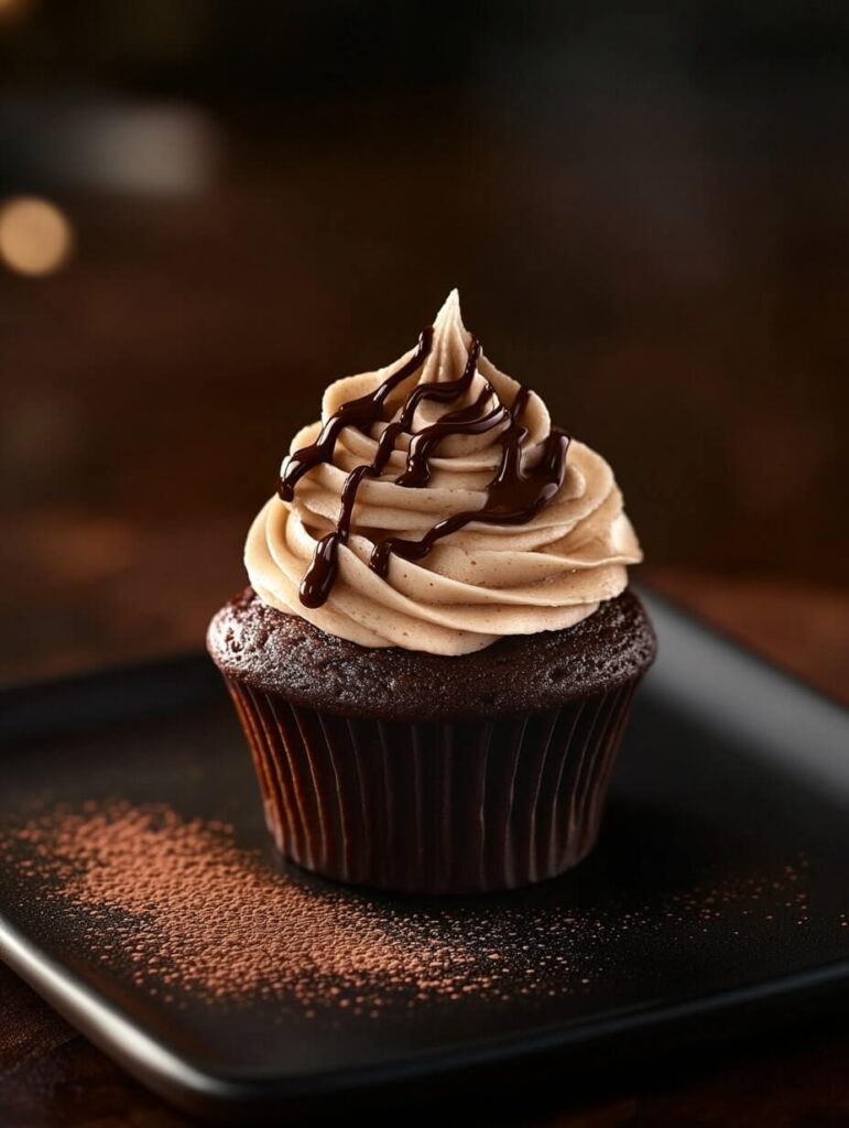 A single dark chocolate cupcake drizzled with chocolate sauce