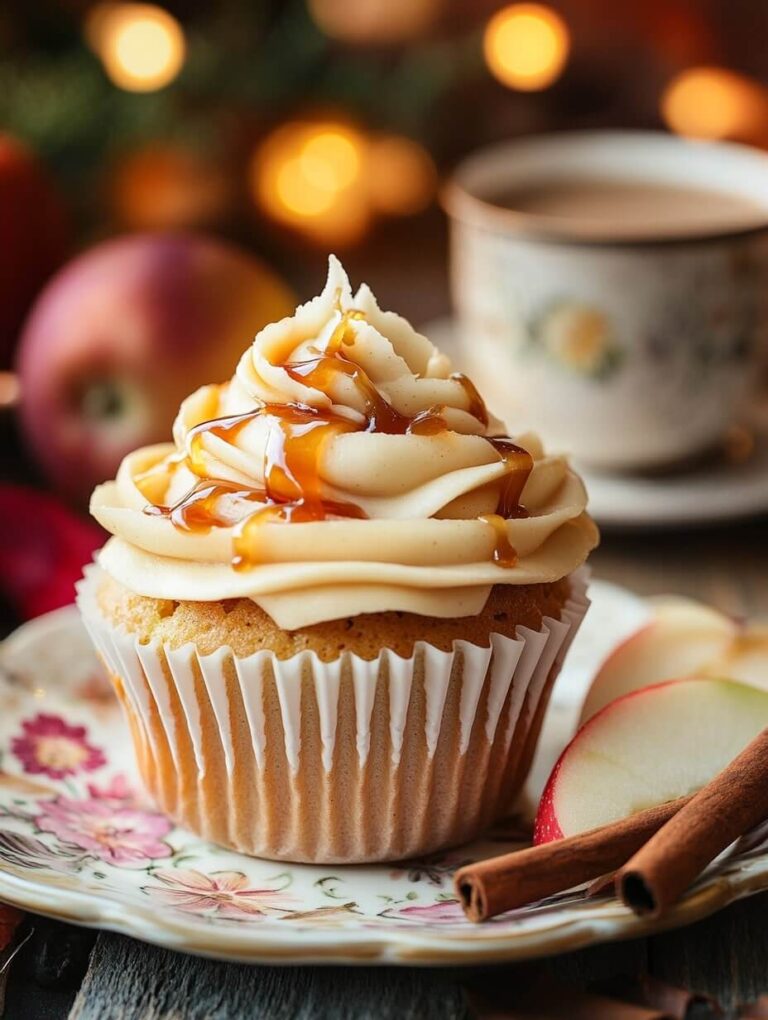 An apple pie cupcake with caramel frosting on a floral vintage plate