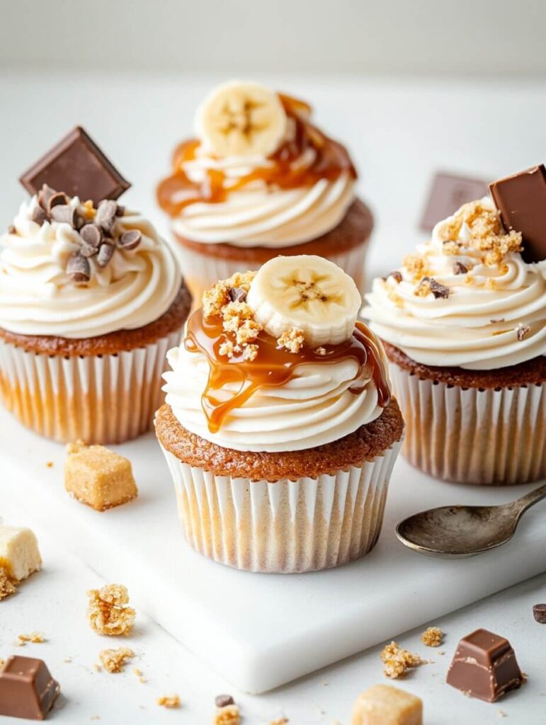 Assorted Banoffee Cupcakes with Toffee and Chocolate Garnish