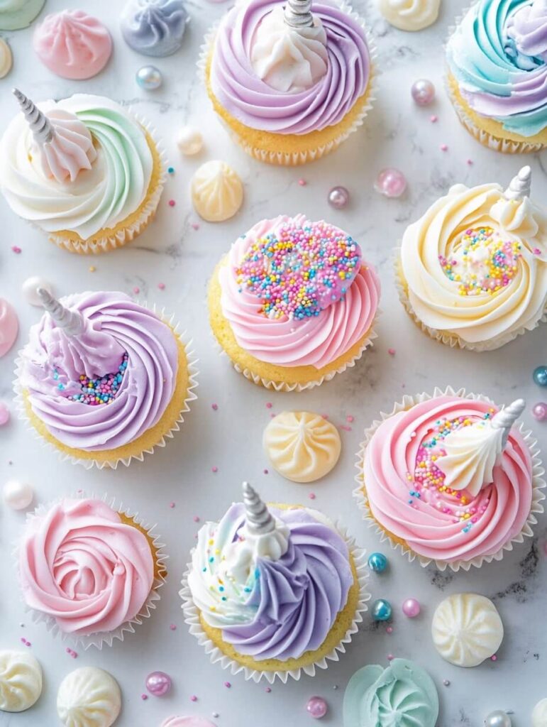 Assorted Pastel Unicorn Cupcakes on a Marble Surface