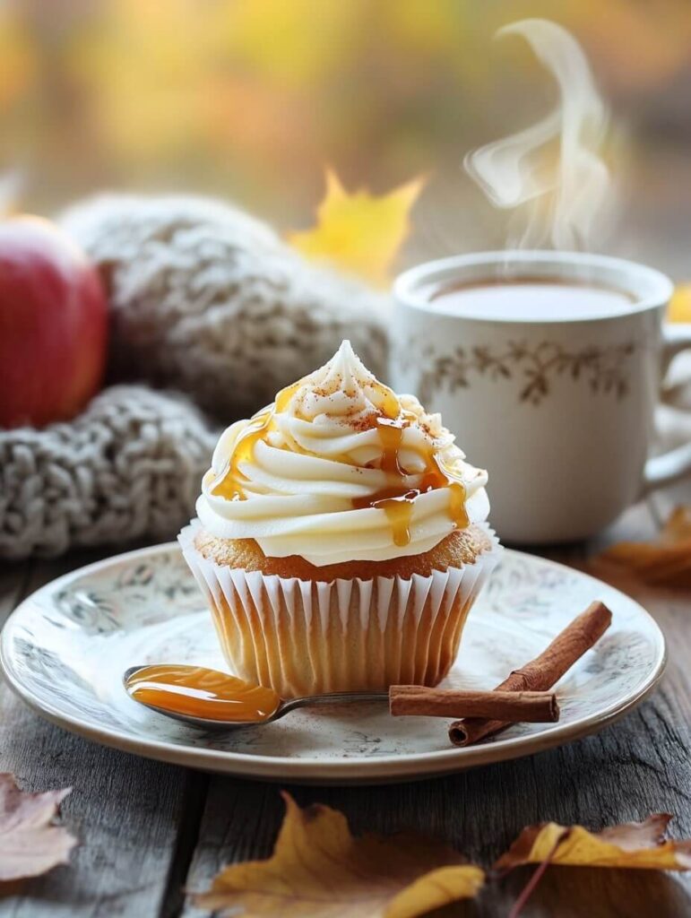 Autumn caramel apple cupcake with warm coffee