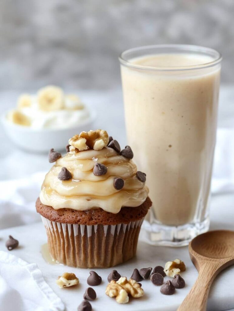 Banana Walnut Chocolate Chip Cupcake with Smoothie