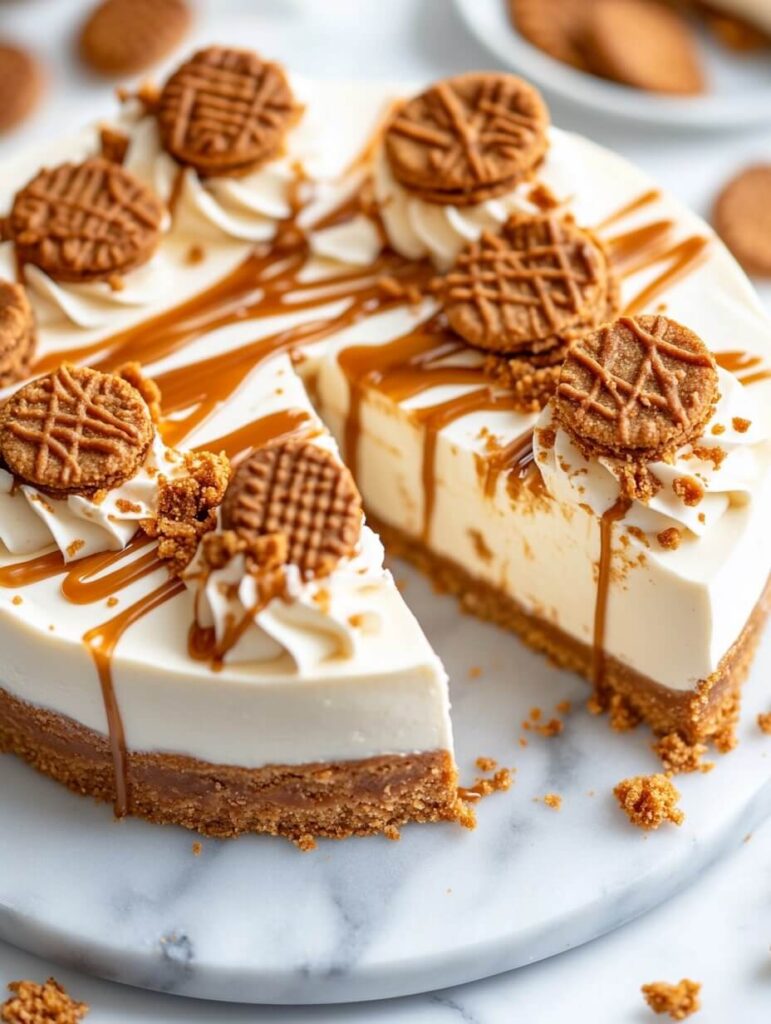 Biscoff Drizzle Cheesecake with Cookie Topping