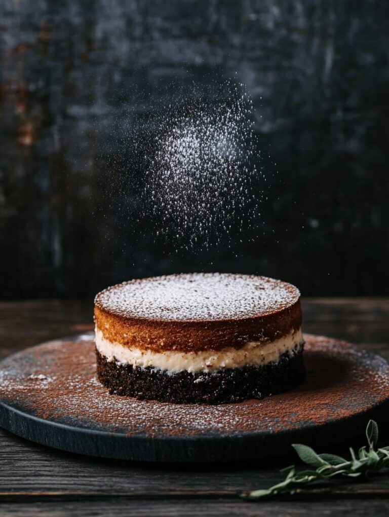 Black Bottom Cheesecake with Powdered Sugar Dusting