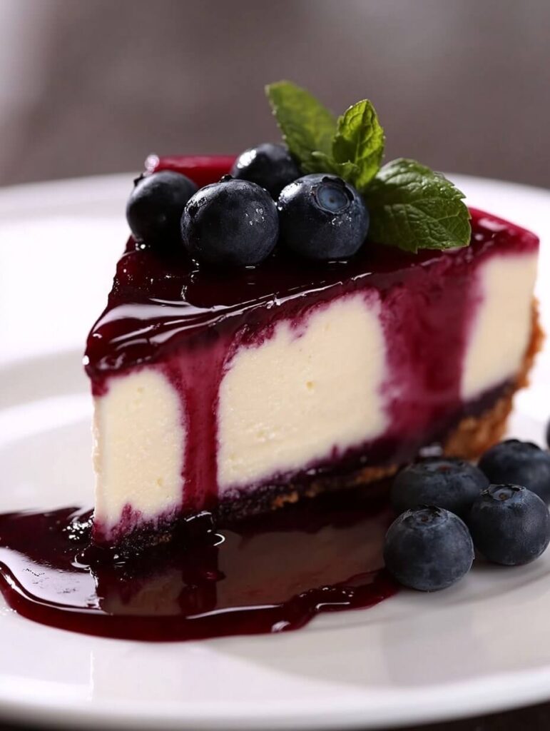 Blueberry Cheesecake Slice with Dripping Blueberry Sauce