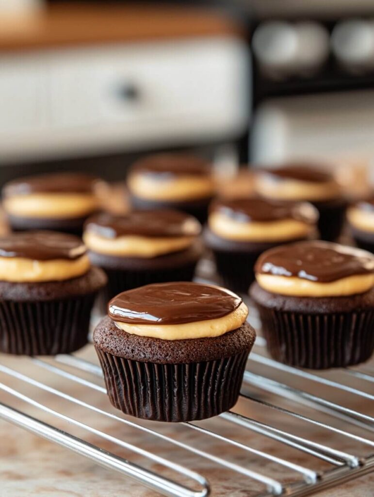 Buckeye Cupcakes on a Cooling Rack