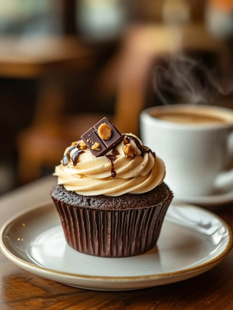 Butterfinger chocolate cupcake with caramel drizzle and a coffee pairing