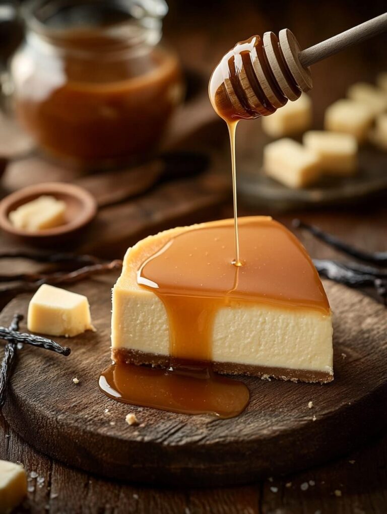 Caramel Drizzled Cheesecake Slice