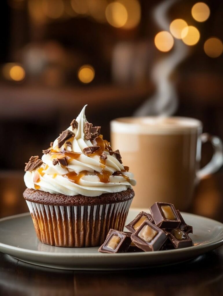 Caramel Drizzled Chocolate Cupcake with a Steamy Latte