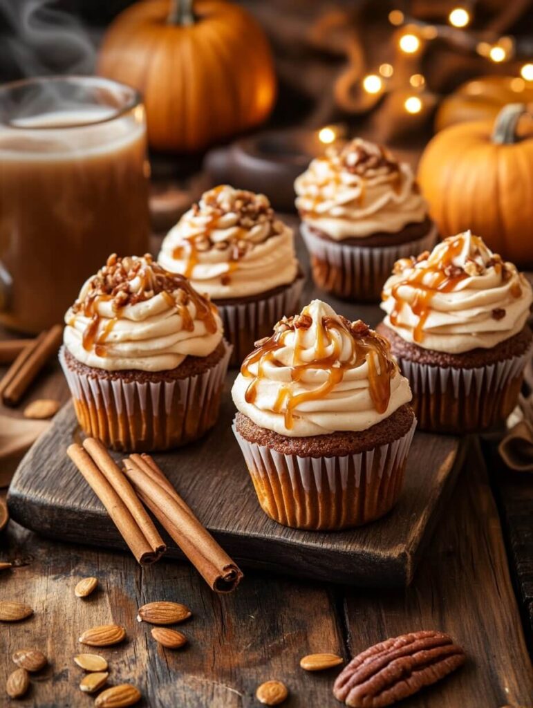 Caramel Pecan Pumpkin Cupcakes with Autumn Ambiance