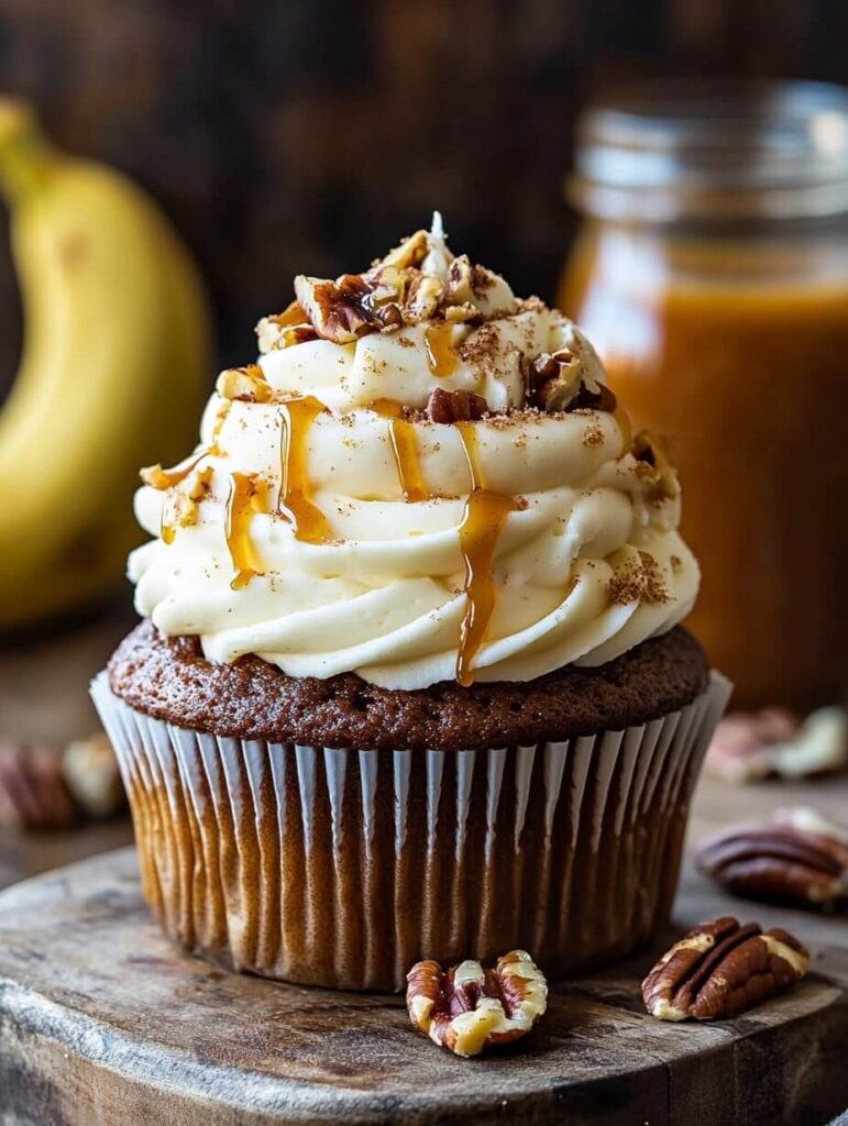 Caramel-drizzled banana pecan cupcake