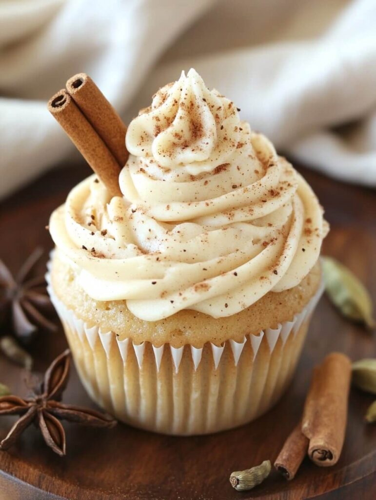 Chai latte cupcake garnished with cinnamon sticks