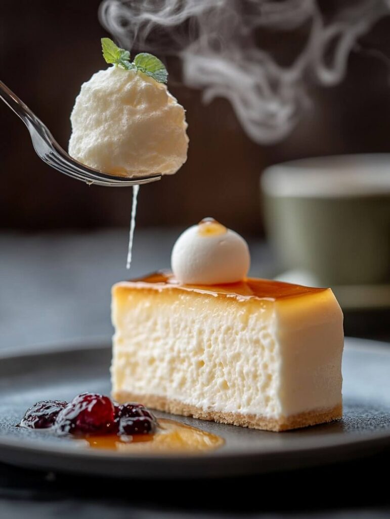 Cheesecake Slice with Floating Spoonful of Meringue