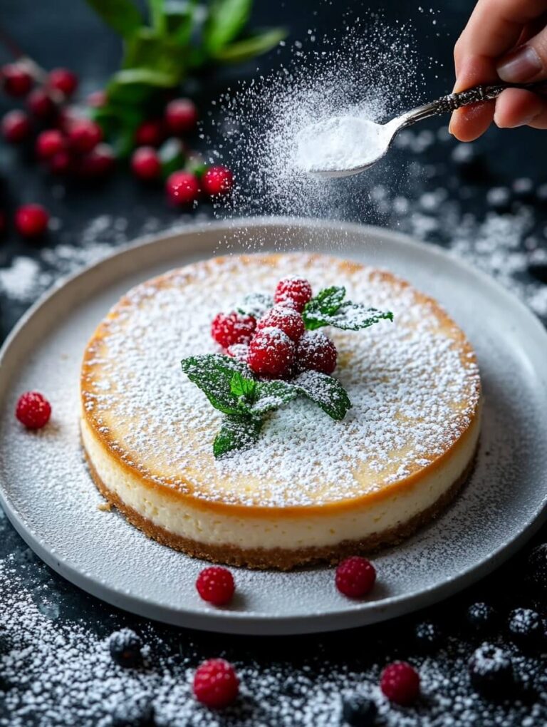 Cheesecake Topped with Powdered Sugar and Berries