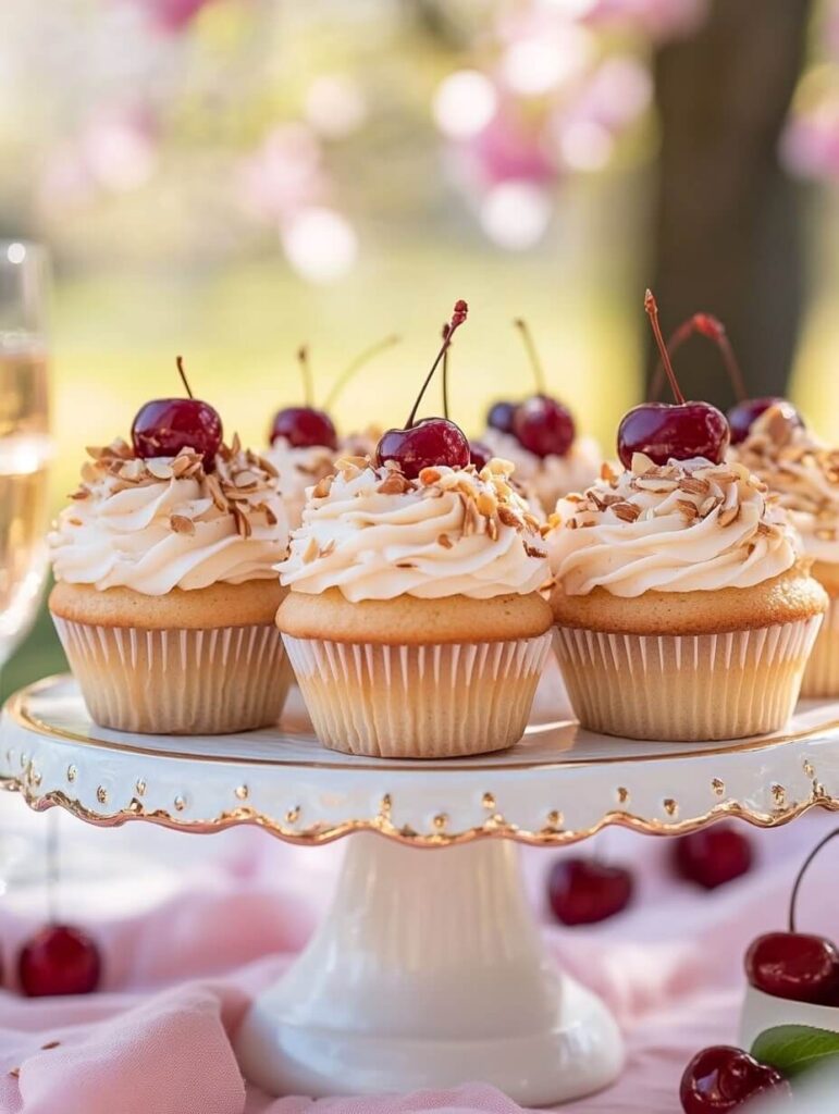 Cherry Blossom Almond Cupcakes on a Vintage Stand