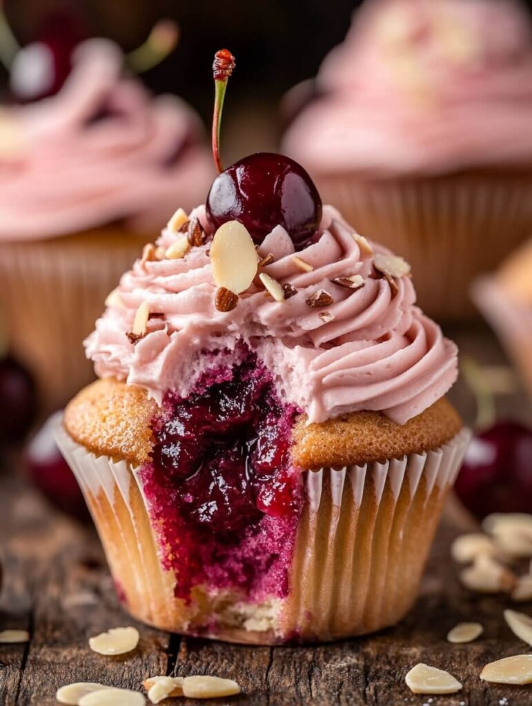 Cherry-Filled Almond Cupcake with Fluffy Buttercream