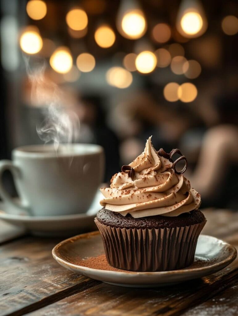 Chocolate Amaretto Cupcake with a Steaming Cup of Coffee