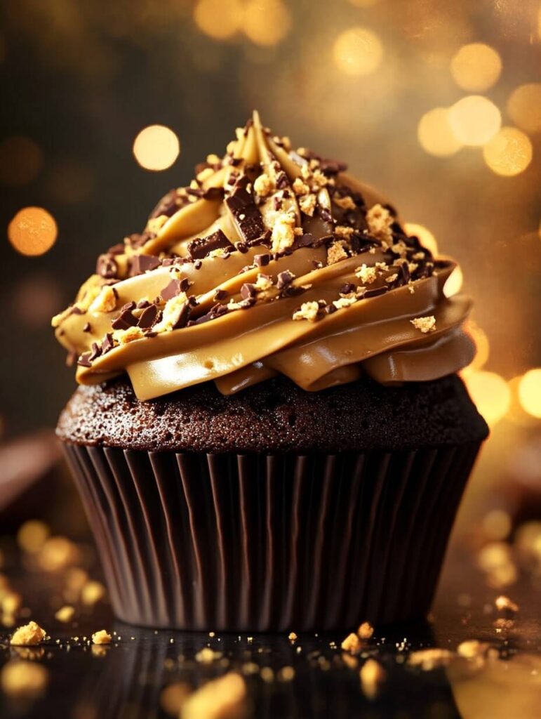 Chocolate Butterfinger cupcake with a luscious peanut butter frosting and golden lighting