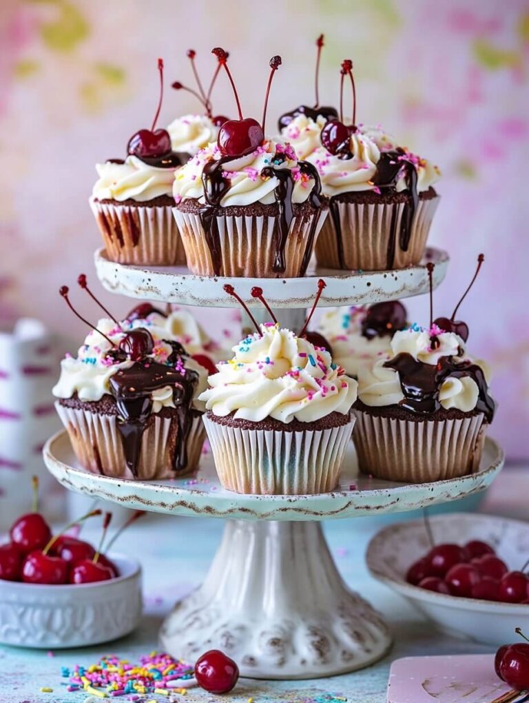 Chocolate Cherry Cupcakes on a Tiered Stand