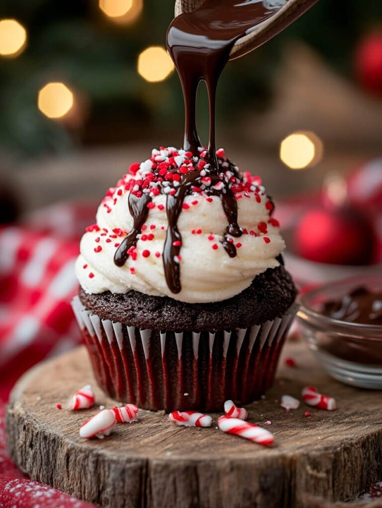 Chocolate Drizzled Peppermint Cupcake with Crushed Candy Cane