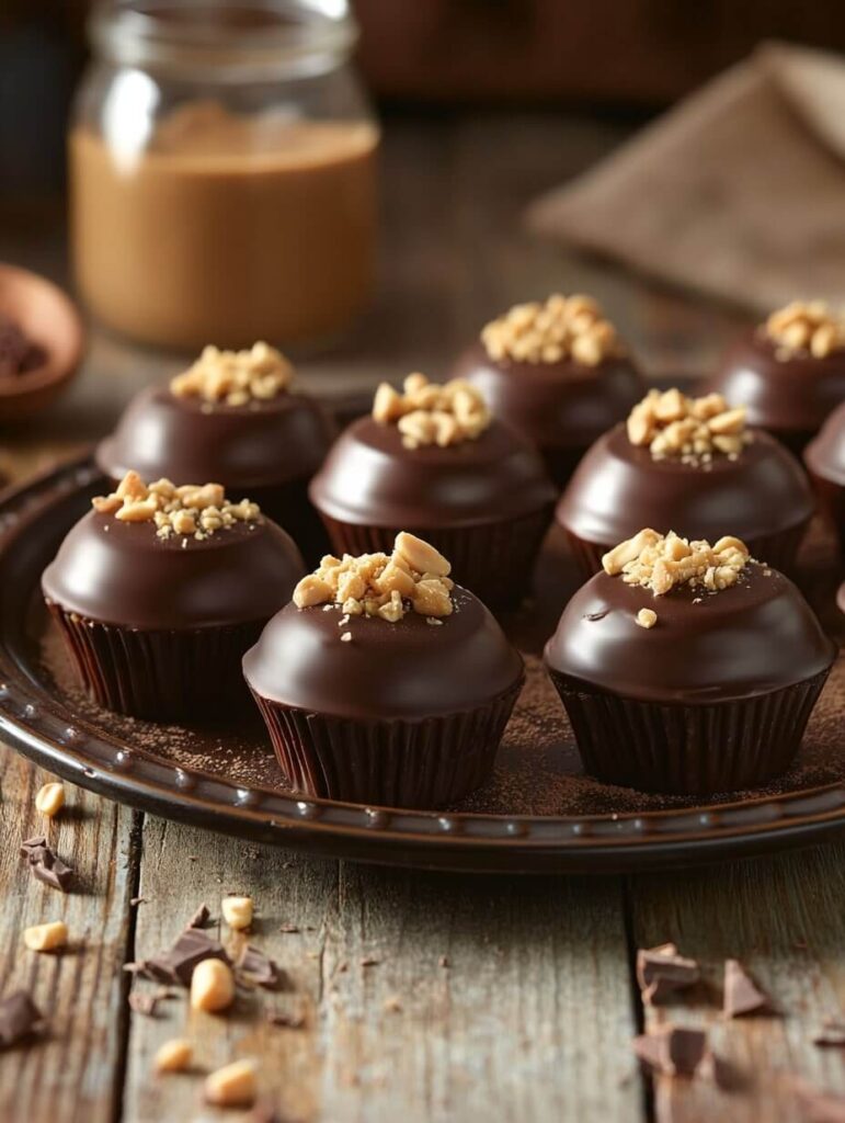 Chocolate Glazed Peanut Butter Cupcakes on a Rustic Plate