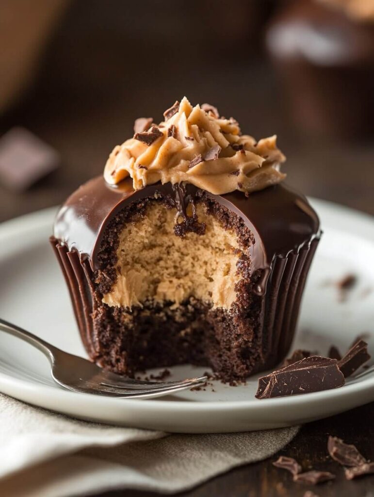 Chocolate Peanut Butter Cupcake with a Bite Taken Out