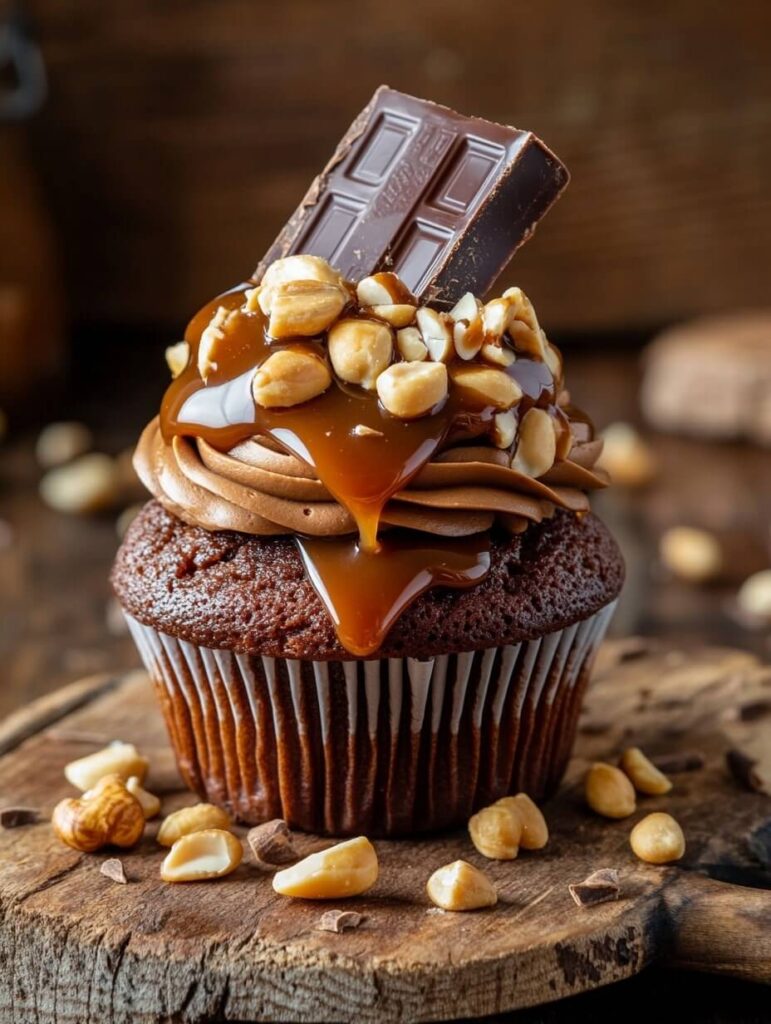 Chocolate Peanut Caramel Cupcake with a Chocolate Bar Topping