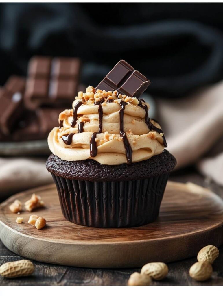 Chocolate peanut butter cupcake with ganache drizzle