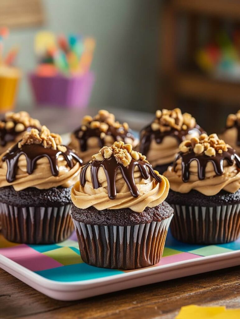 Chocolate peanut butter cupcakes with ganache drizzle