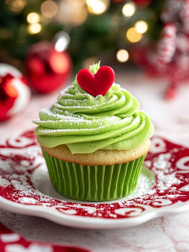 Christmas-themed green cupcake with powdered sugar