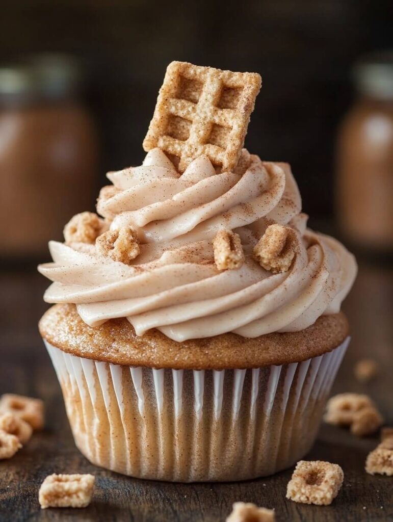 Cinnamon Toast Crunch Cupcake Garnished with Mini Cereal Squares