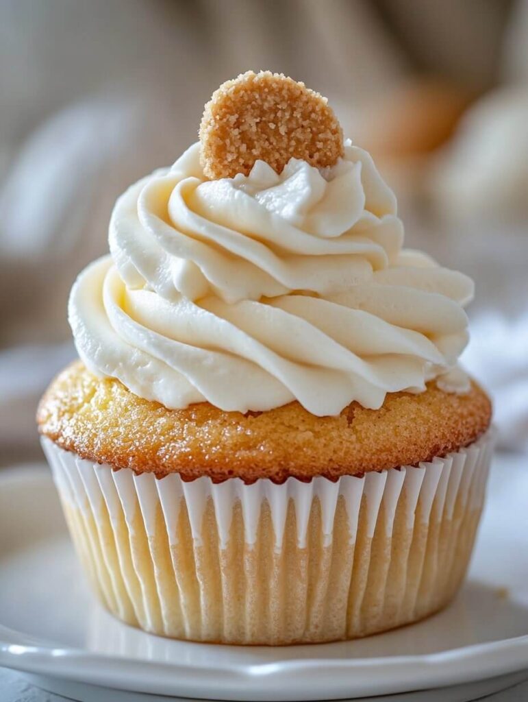 Classic Banana Pudding Cupcake with a Vanilla Wafer