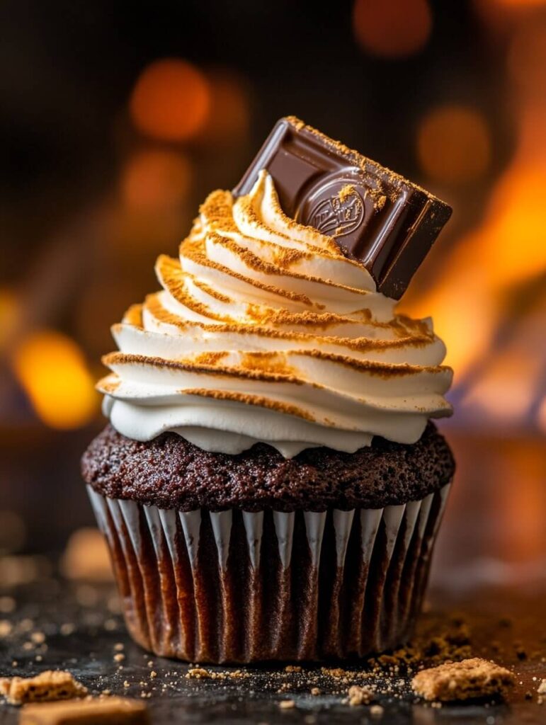 Classic Campfire S'mores Cupcake with a Graham Cracker Base