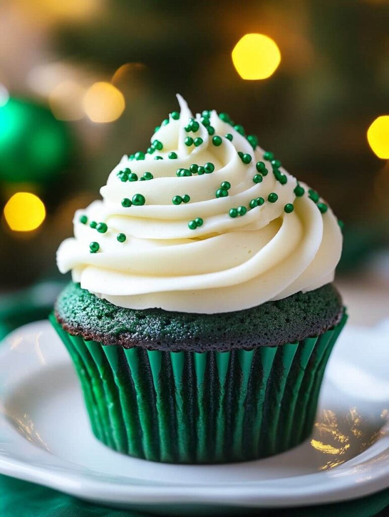 Classic Green Velvet Cupcake with Pearl Sprinkles