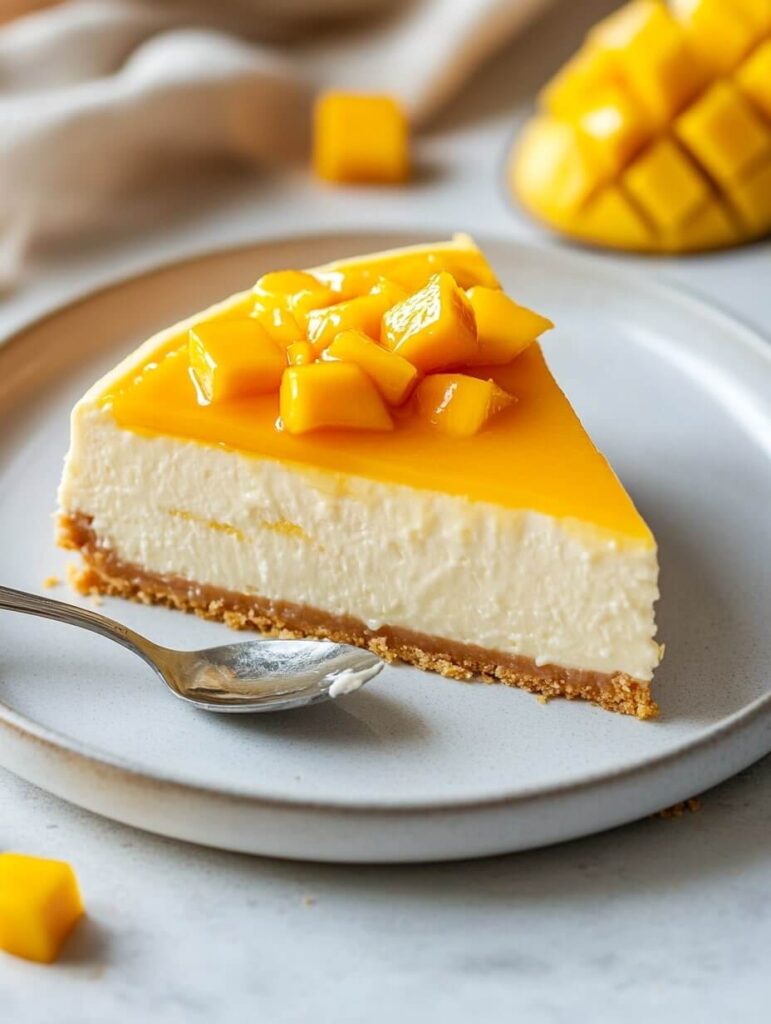 Classic Mango Cheesecake Slice with a Spoonful Taken