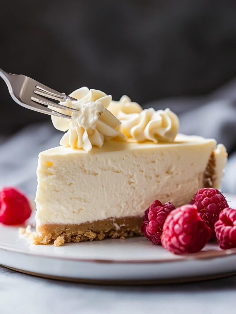 Classic Vanilla Cheesecake with Whipped Cream and Raspberries