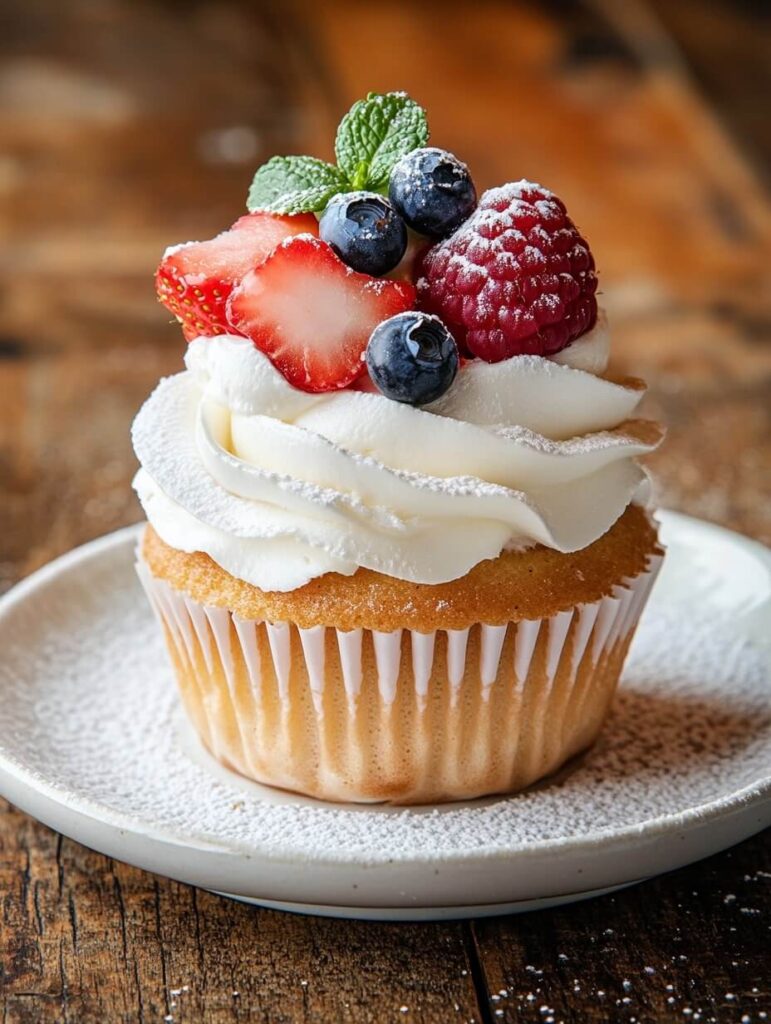 Classic pavlova cupcake topped with fresh berries and powdered sugar