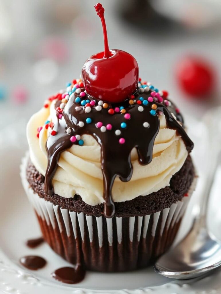 Close-Up of a Chocolate Cherry Cupcake with Sprinkles